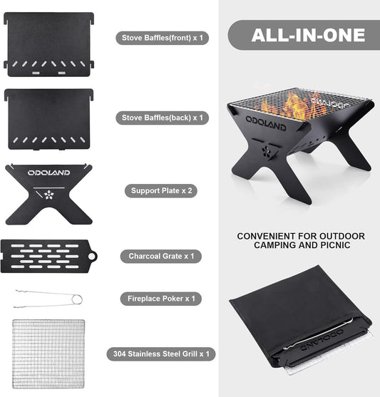 Odoland Camping Campfire Grill, Portable Folding Charcoal Grills, Backpacking BBQ Grill, Heavy Duty Firepit Grill with Carry Bag for Outdoor Cooking, Bonfire, Patio, Backyard
