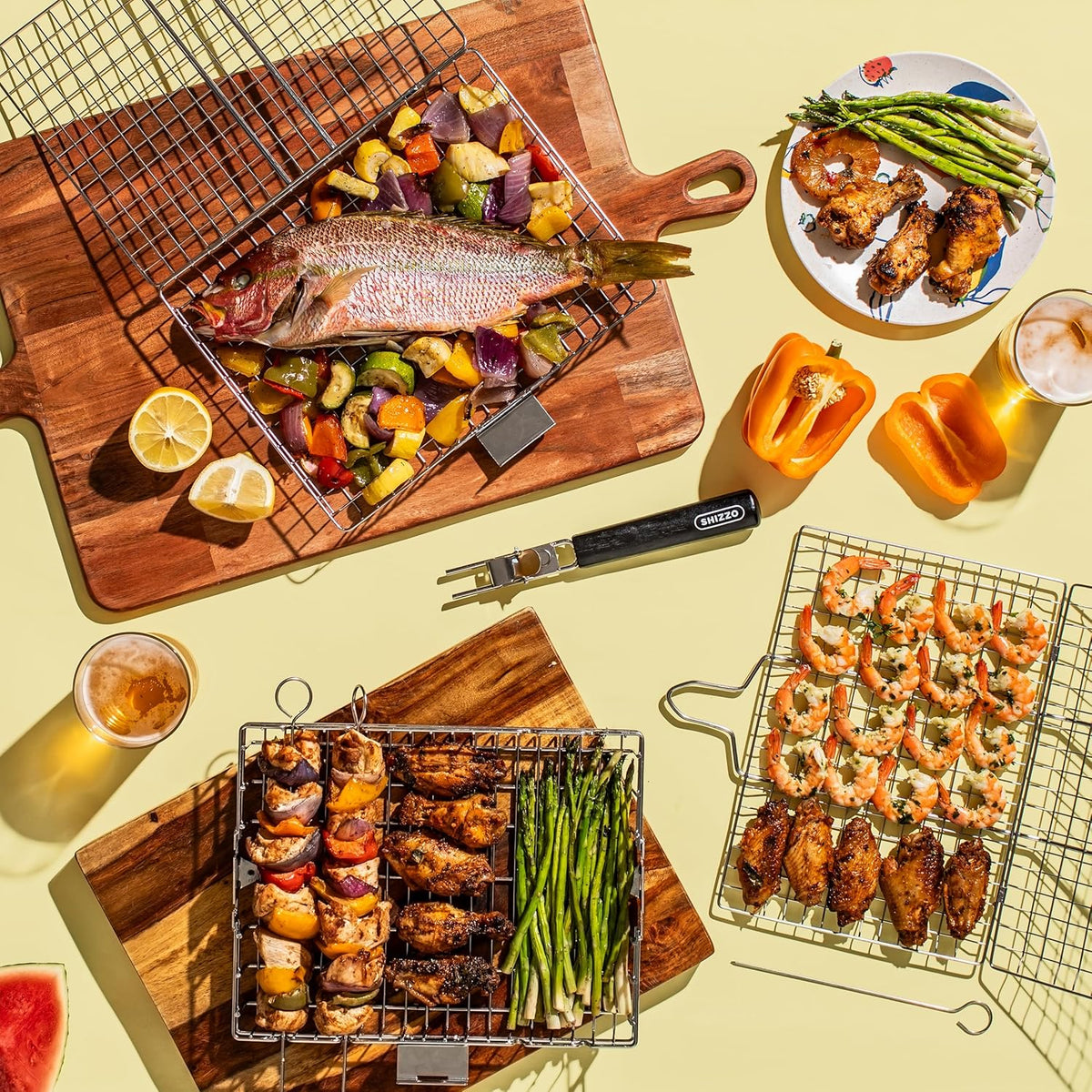 SHIZZO Grill Basket Set, Barbecue BBQ Grilling, Stainless Steel Folding Portable Outdoor Camping Rack for Fish, Shrimp, Vegetables, Cooking Accessories, Gifts for Dad, husband, Friends