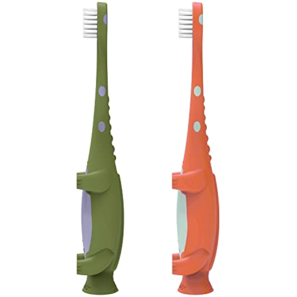 Dr Brown's Baby Toddler Toothbrush Green and Orange Dinosaur 2-Pack Ages 1-4 Years Soft Bristles Suction Cup Base