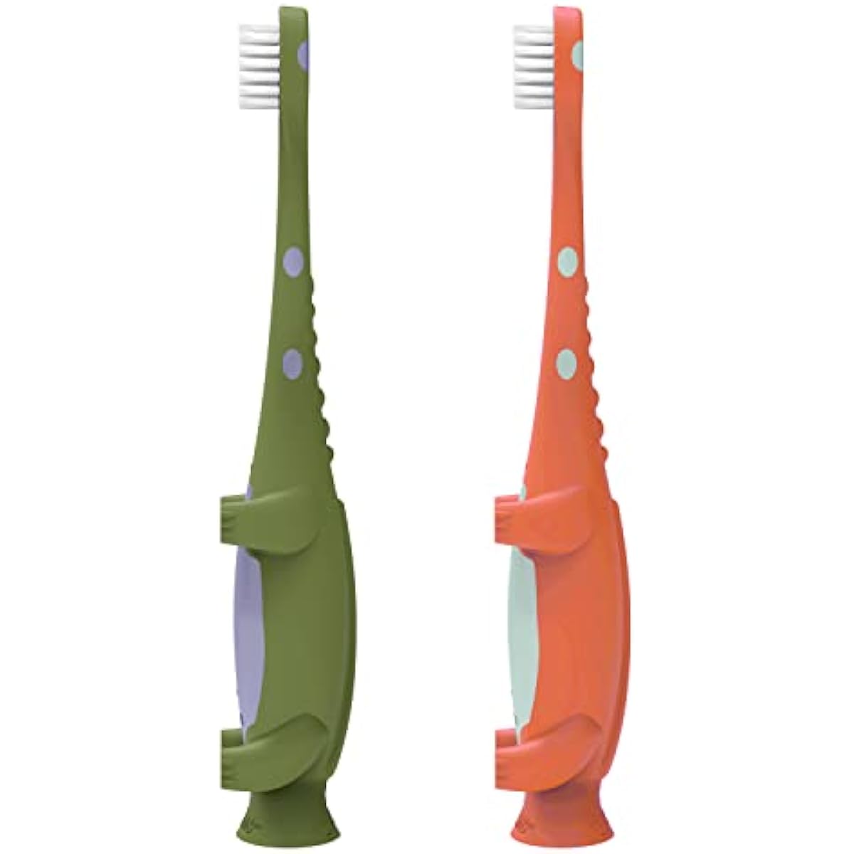 Dr Brown's Baby Toddler Toothbrush Green and Orange Dinosaur 2-Pack Ages 1-4 Years Soft Bristles Suction Cup Base