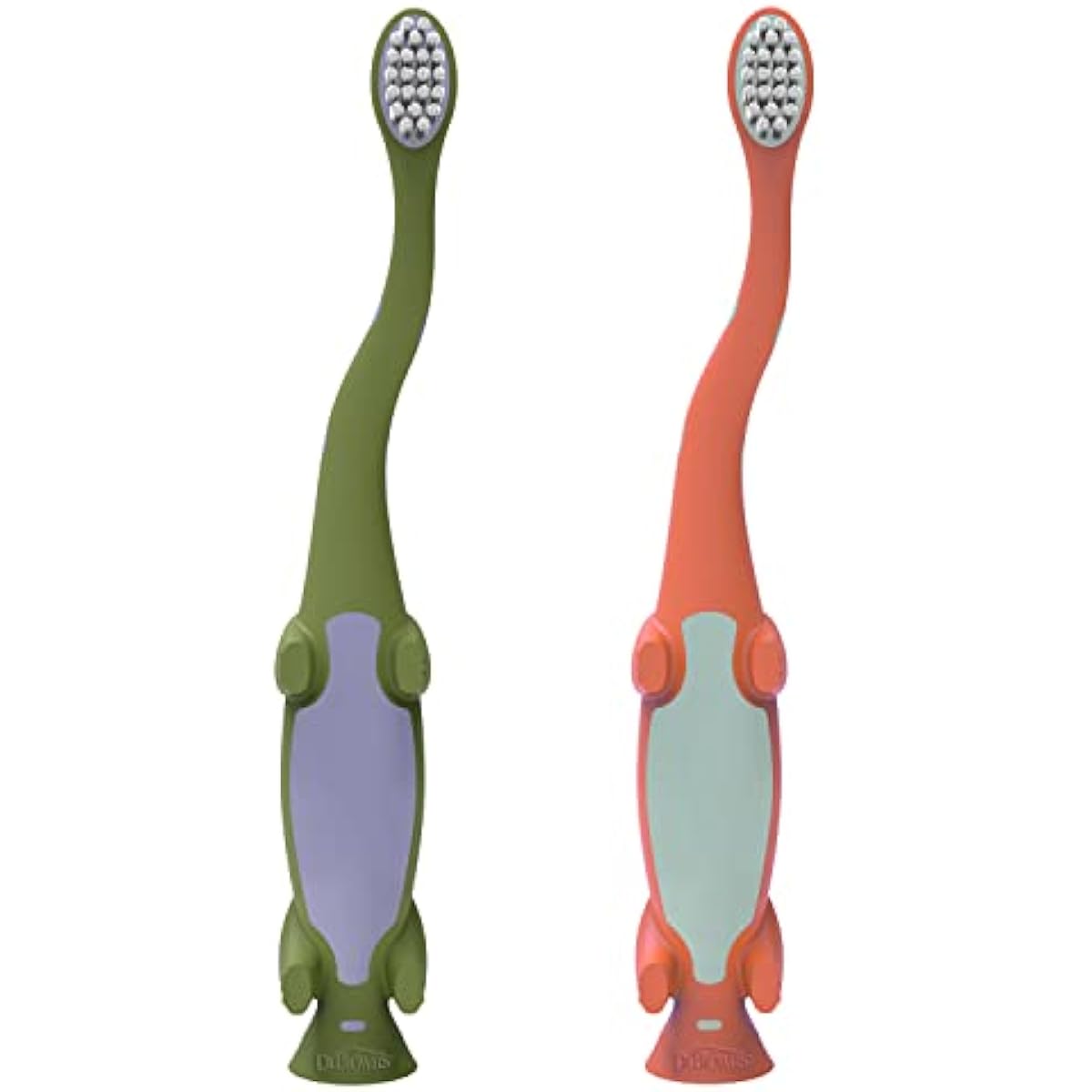 Dr Brown's Baby Toddler Toothbrush Green and Orange Dinosaur 2-Pack Ages 1-4 Years Soft Bristles Suction Cup Base
