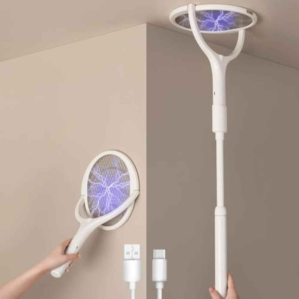 GeckoMan Rotating Head Electric Fly Swatter Racket Rechargeable Bug Zapper Racket Bug Zapper Indoor Fly Zapper Mosquito Zapper Flies Killer for Indoors, with a Telescopic Extension