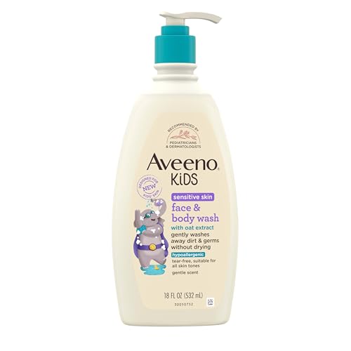 Aveeno Kids Sensitive Skin Face & Body Wash, Oat Extract, Tear-Free, Non-Drying, 18 fl oz Pump Dispenser