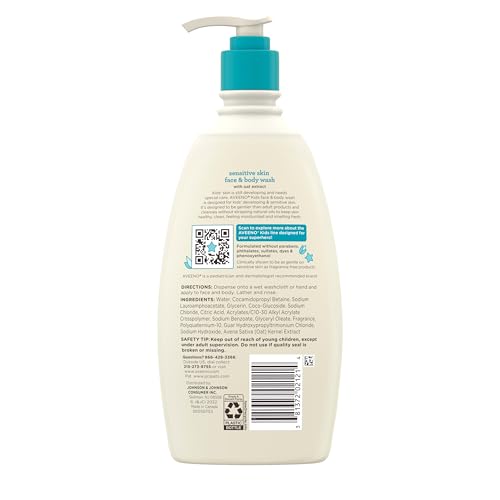 Aveeno Kids Sensitive Skin Face & Body Wash, Oat Extract, Tear-Free, Non-Drying, 18 fl oz Pump Dispenser