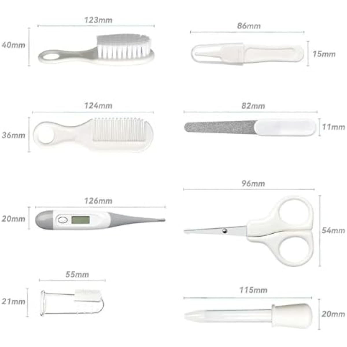 Baby Grooming Kit for Newborn Girls and Boys, Infant Safety Care Set with Hair Brush, Comb, Nail Clipper, Nasal Aspirator, Grey and White