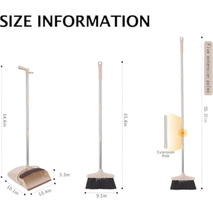 Broom and Dustpan Set with Long Handle, Light Weight Stainless Steel Poles Stand Upright Dustpans with Broom Combo for Home Kitchen Office Pet Dog Hair, Brown & Beige Color, 1-Pack