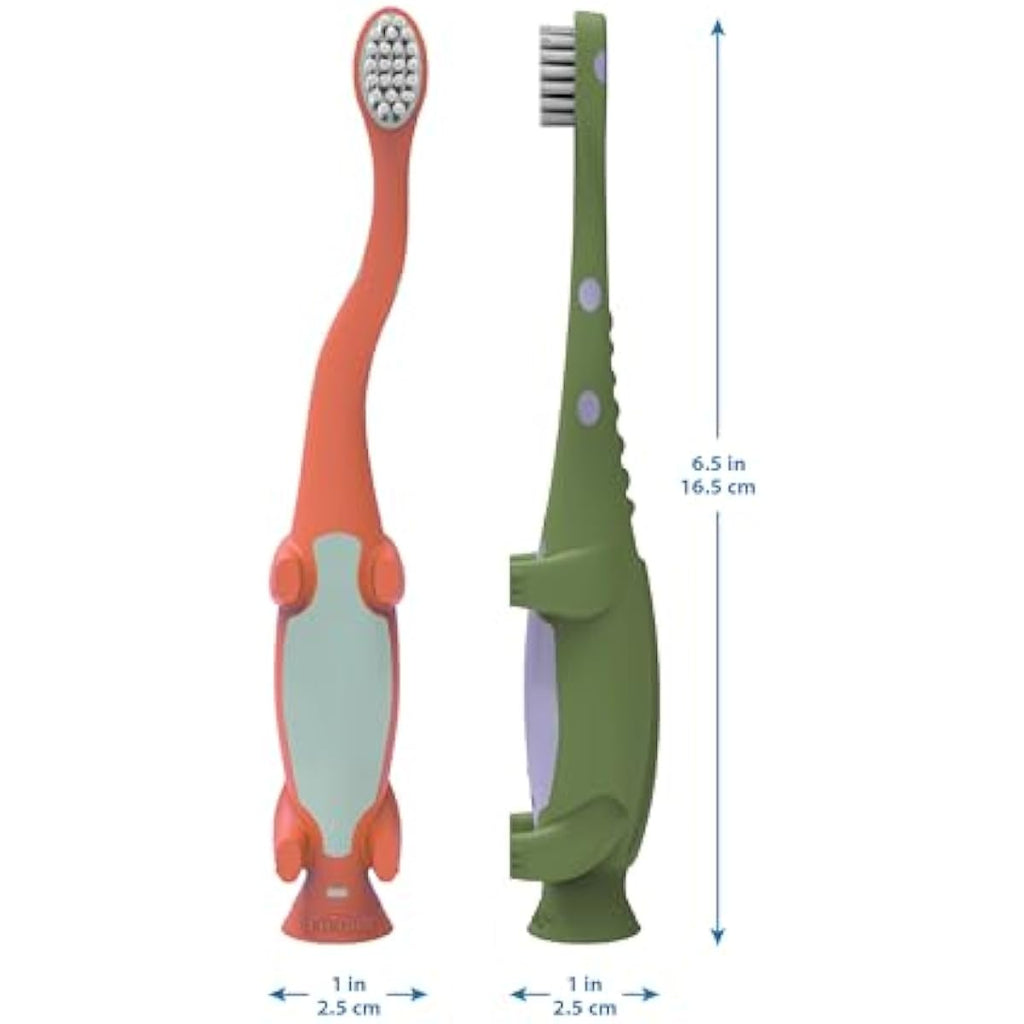 Dr Brown's Baby Toddler Toothbrush Green and Orange Dinosaur 2-Pack Ages 1-4 Years Soft Bristles Suction Cup Base