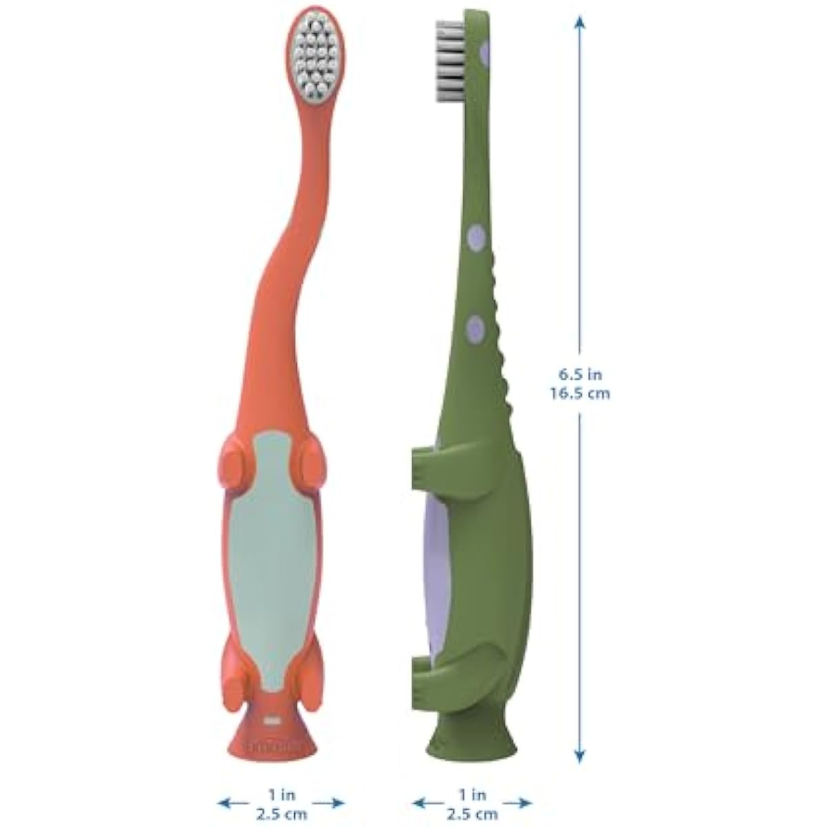 Dr Brown's Baby Toddler Toothbrush Green and Orange Dinosaur 2-Pack Ages 1-4 Years Soft Bristles Suction Cup Base