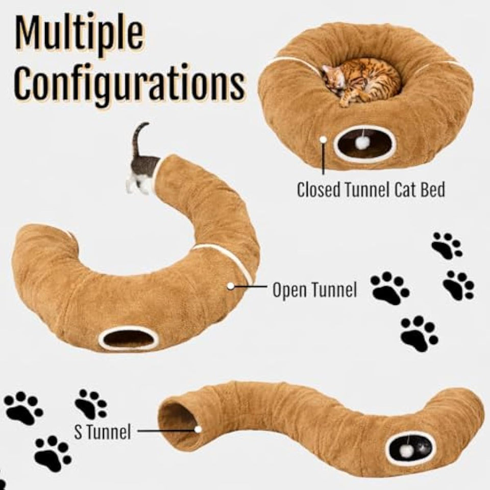 R1M Cat Donut Tunnel Bed Toy for Small and Larger Indoor Cats with Two Fish Toys, Brown