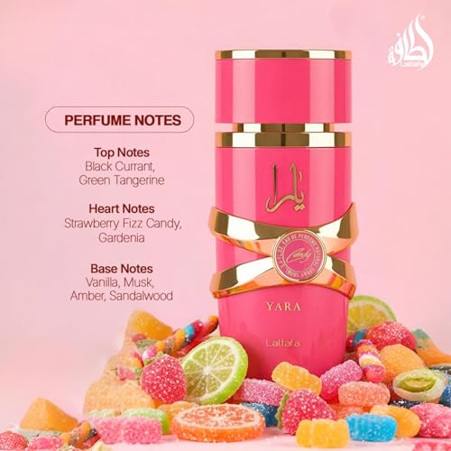 Lattafa Yara Candy Eau de Parfum Long-Lasting Fragrance for Women, 3.40 Ounce / 100 ml, Vanilla, Fruity, Citrus, Floral