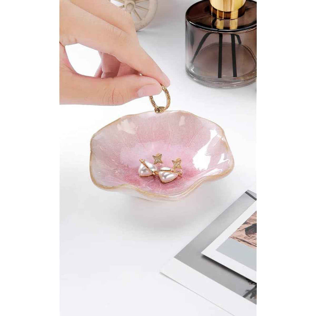 Lotus Leaf Shape Pink Ceramic Trinket Tray Jewelry Dish Organizer Necklace Earrings Home Decoration Key Bowl