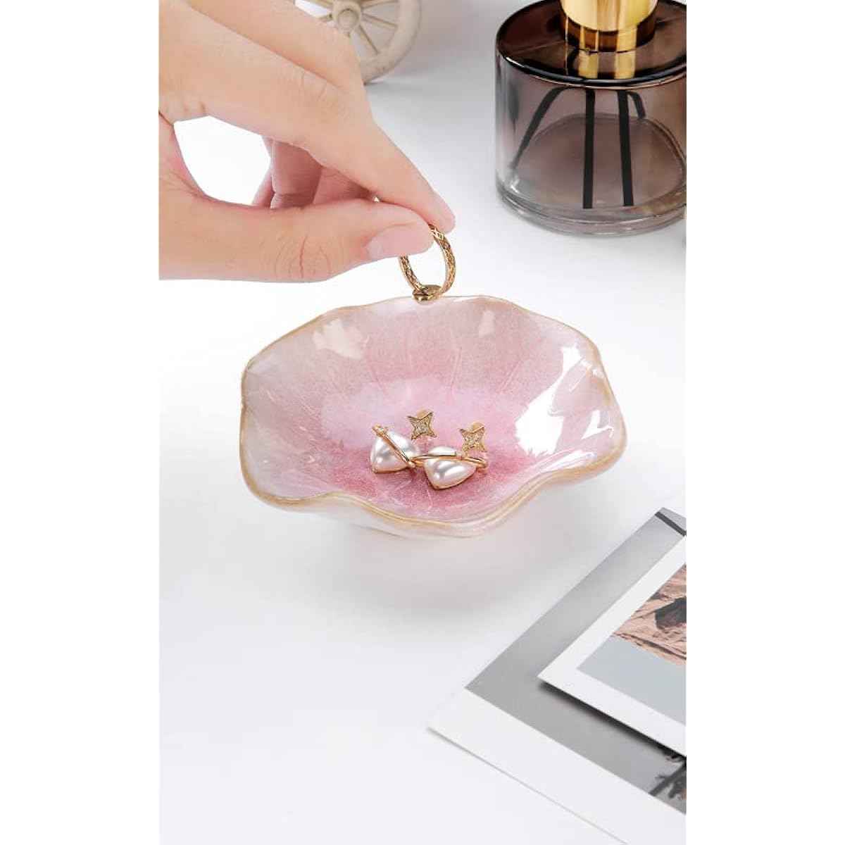 Lotus Leaf Shape Pink Ceramic Trinket Tray Jewelry Dish Organizer Necklace Earrings Home Decoration Key Bowl
