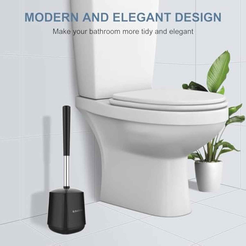 SetSail Toilet Brush and Holder, Self Closing Lid Toilet Bowl Brushes Holder and Extra Long Handle Ventilated Toilet Brush Set for Bathroom Cleaning, Nylon Bristles, Black