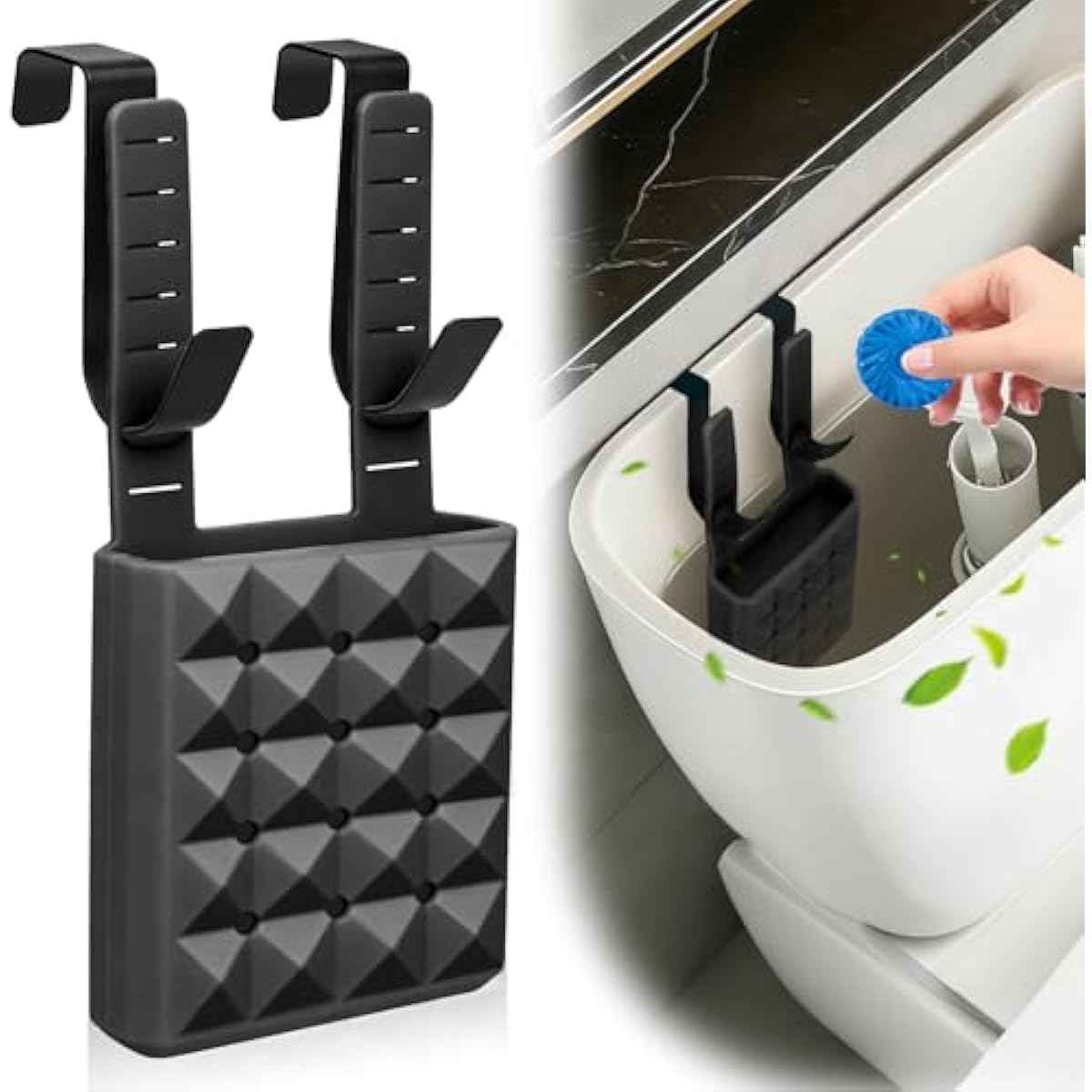Adjustable toilet tank cleaning tablet holder with rustproof hooks and flexible silicone straps fits standard tanks