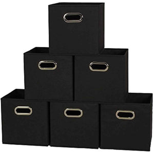 Household Essentials Foldable Fabric Storage Bins 6 Piece Set, Strong Poly-Woven Fabric, Sturdy Chipboard Sides, Grommet Front Handle, Stackable and Foldable, Classic Design, Black