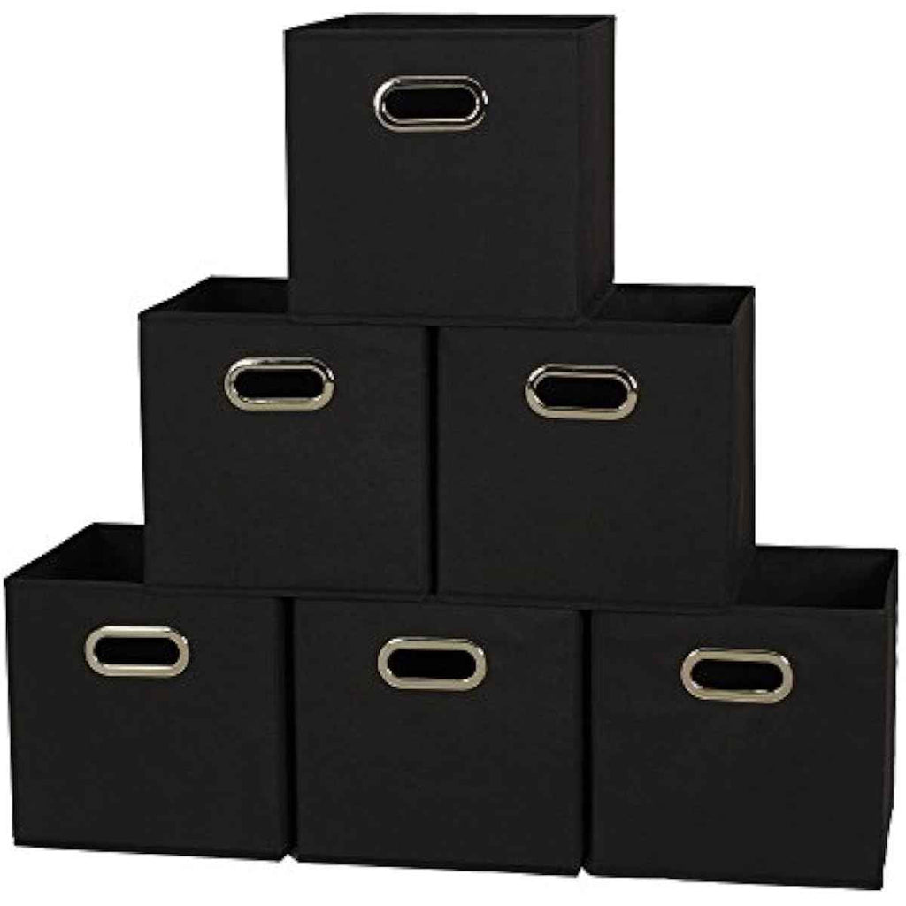 Household Essentials Foldable Fabric Storage Bins 6-Piece Set | Sturdy Chipboard Sides, Grommet Front Handle, Stackable and Foldable, Classic Black Design