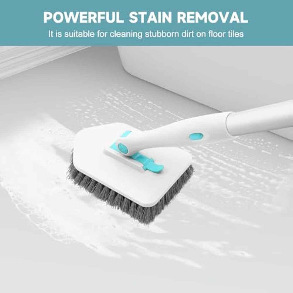 nacena Shower Scrubber with Long Handle, 3 in 1 Tile Tub Scrubber Brush with 3 Detachable Cleaning Heads Adjustable Handle Shower Cleaner Brush for Bathroom, Kitchen, Toilet, Wall, Sink, Blue White