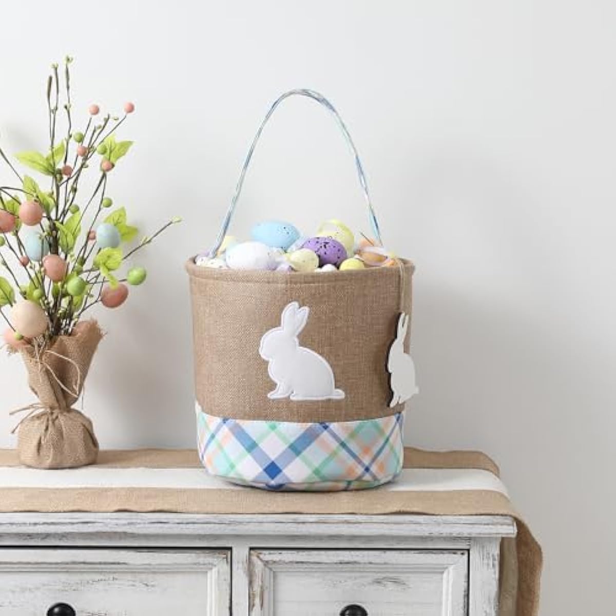 Easter Basket – Bunny Basket with DIY Blank Wooden Bunny Tag for Kids, Boys, Girls, Easter Egg Hunt, Candy Gift Storage (Bule)