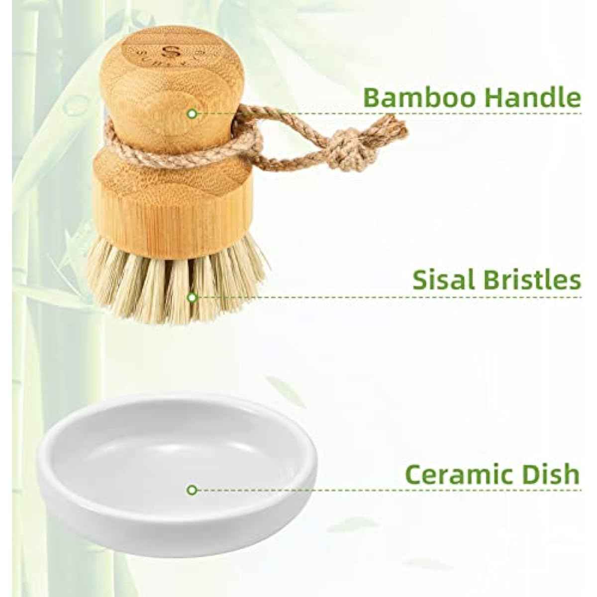 SUBEKYU bamboo kitchen dish scrub brush with natural sisal bristles for gentle cleaning