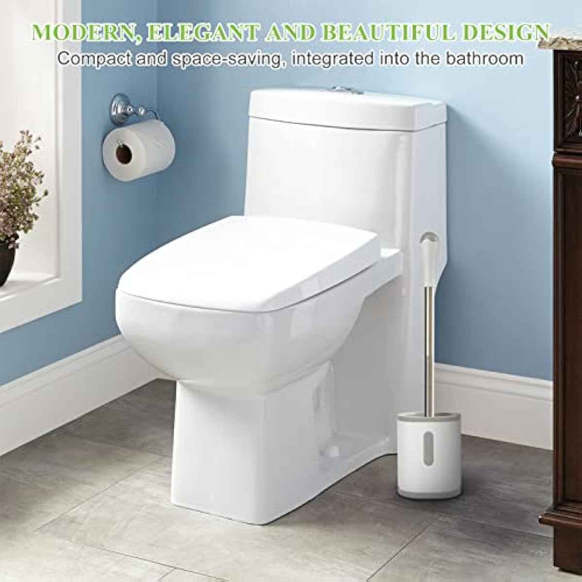 Compact Toilet Brush & Holder, Stainless Steel Handle, Space Saving for Storage