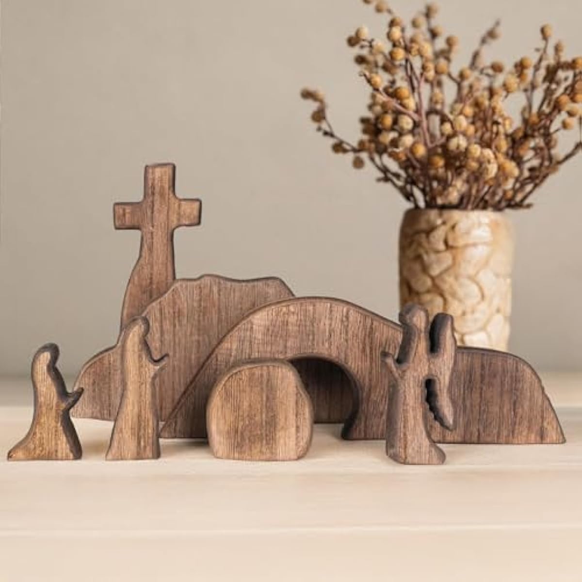 Nerosun wooden Easter resurrection scene and cross decoration set for religious home office tabletop