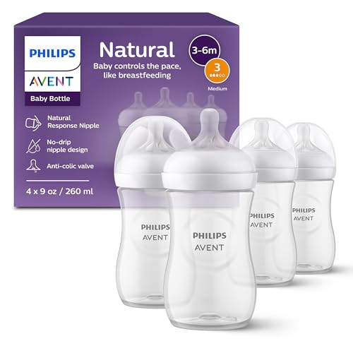 Philips Avent Natural Baby Bottles 4-Pack, Medium Flow, 9oz, SCY903/04, BPA-Free