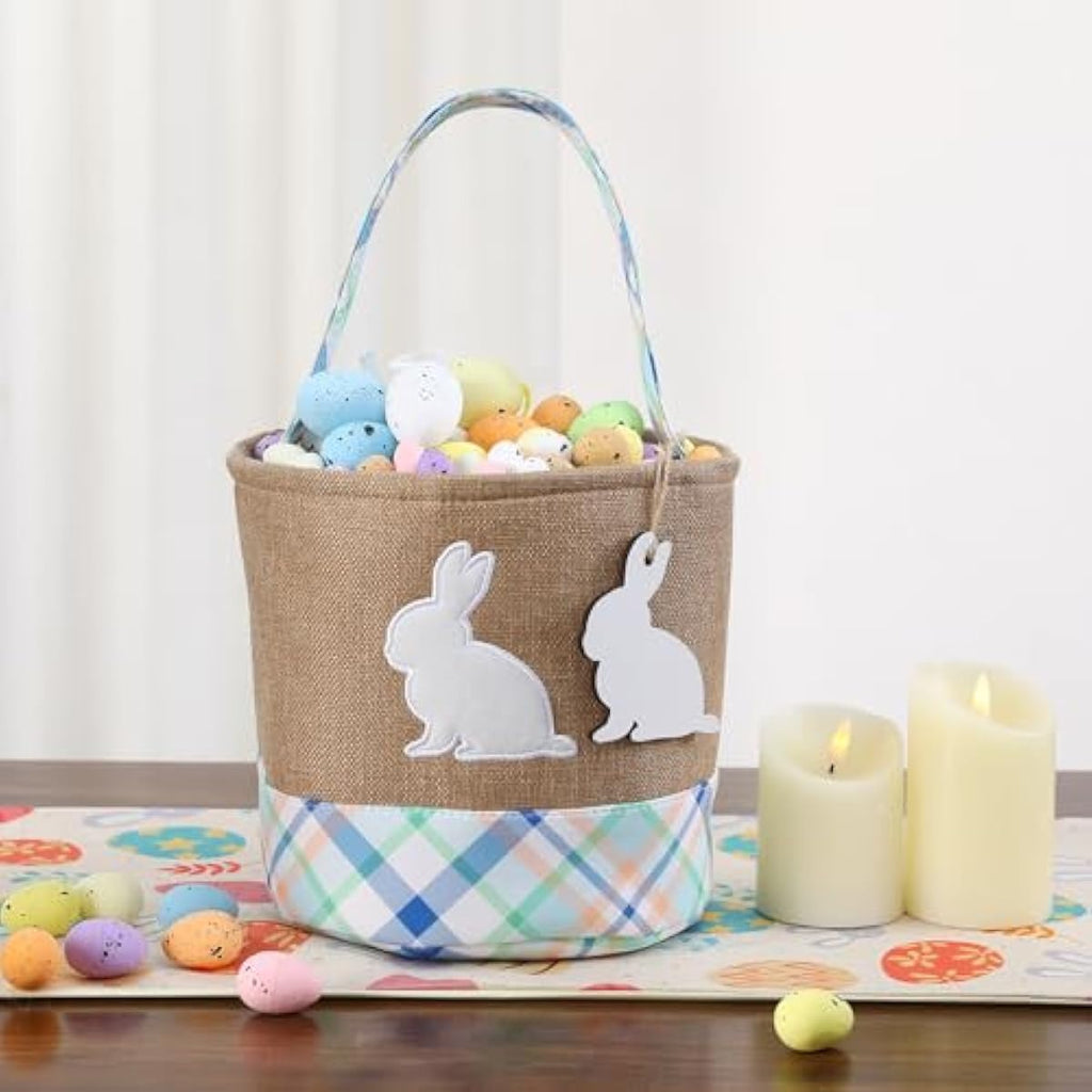 handmade wooden easter bunny basket with diy tag for kids boys girls easter egg hunt storage (blue)