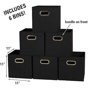 Household Essentials Foldable Fabric Storage Bins 6-Piece Set | Sturdy Chipboard Sides, Grommet Front Handle, Stackable and Foldable, Classic Black Design