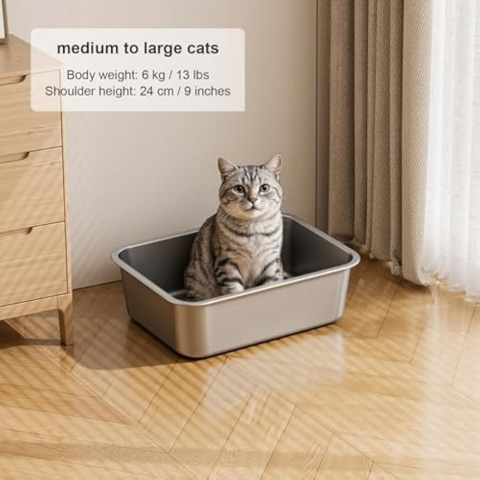 stainless steel metal cat litter box with high sides odor-free non-stick for indoor cats and kittens