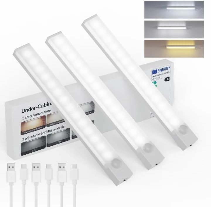 Under Cabinet Lighting 8 Inches Rechargeable Motion Sensor Light Indoor, 3 Color Dimmable Closet Light Battery Operated, USB Stick on LED Magnetic Under Counter Lights for Kitchen Stair, 3 Packs