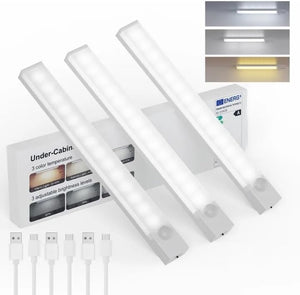 Under Cabinet Lighting 8 Inches Rechargeable Motion Sensor Light Indoor, 3 Color Dimmable Closet Light Battery Operated, USB Stick on LED Magnetic Under Counter Lights for Kitchen Stair, 3 Packs