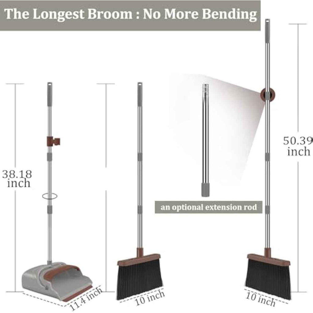 kelamayi Upgrade Broom and Dustpan Set, Self-Cleaning with Dustpan Teeth, Ideal for Dog Cat Pets Home Use, Super Long Handle Upright Stand Up Broom and Dustpan Set (Brown)