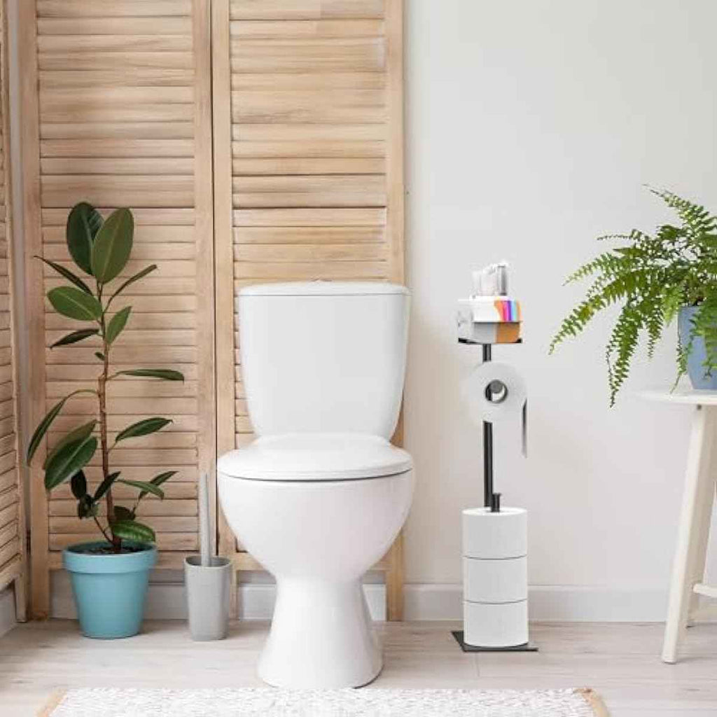CISILY Black Toilet Paper Holder Stand with Phone Shelf: Multifunctional Bathroom Storage and Decor