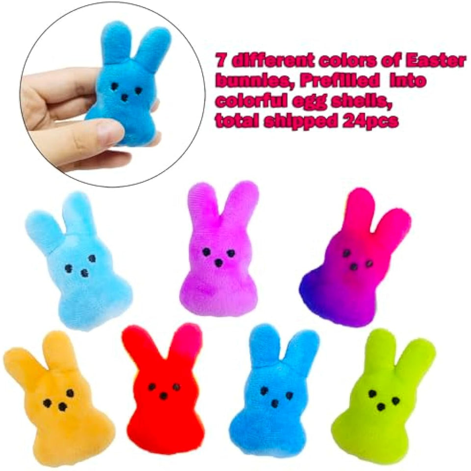 24 Pcs PreFilled Easter Eggs with Plush Bunny Toys Animals Keychain Decoration Stuffed Toy Great for Kids Boys Girls Toddler Easter Basket Stuffers Egg Fillers