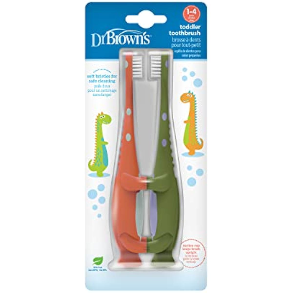Dr Brown's Baby Toddler Toothbrush Green and Orange Dinosaur 2-Pack Ages 1-4 Years Soft Bristles Suction Cup Base
