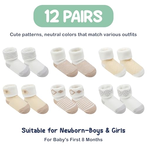 Mother's Choice Organic Cotton Baby Socks 0-6 Months, 12 pairs, Soft, Cozy, and Gentle Socks for Infants Girls and Boys