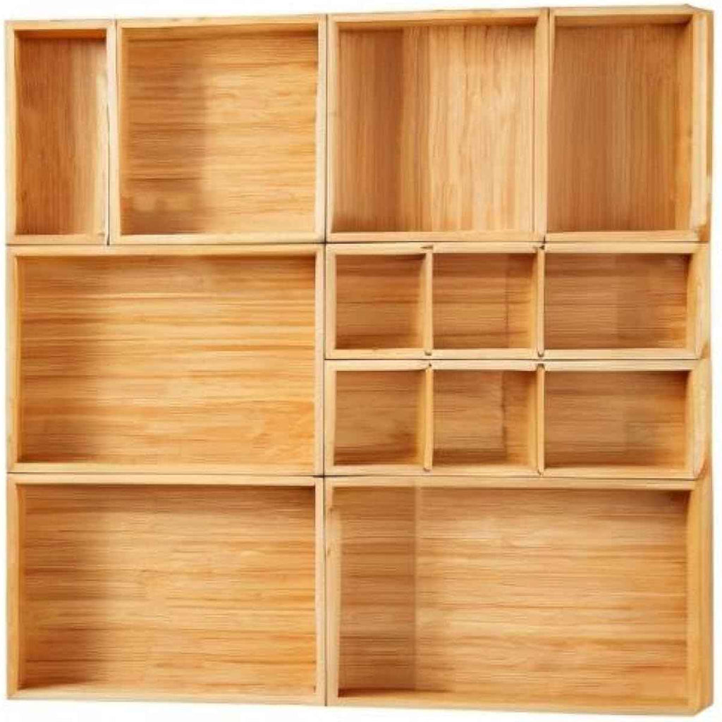 Fabsome Drawer Organizer, Set of 9 Bamboo Wood Kitchen Makeup Desk Junk Tea Drawer Storage Boxes Bins for Cutlery Silverware Utensils Flatware, Small Wooden Container Tray for Bathroom, Office