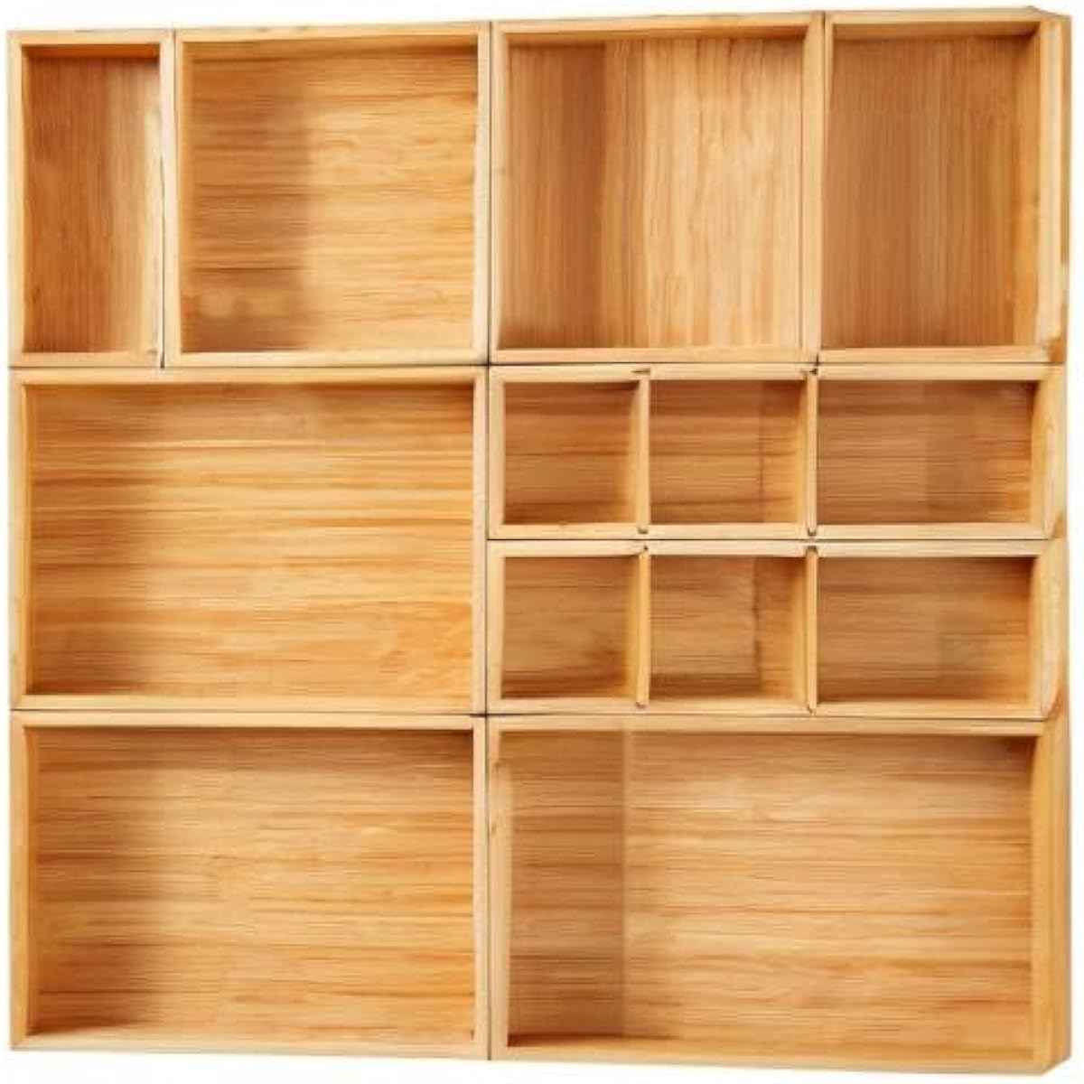 Fabsome Drawer Organizer, Set of 9 Bamboo Wood Kitchen Makeup Desk Junk Tea Drawer Storage Boxes Bins for Cutlery Silverware Utensils Flatware, Small Wooden Container Tray for Bathroom, Office