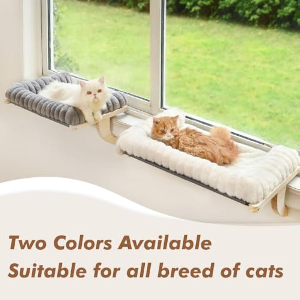 Cloud-Soft cat window perch with zipper cushion, solid wood & metal frame, large cat bed for windows (Large, White)