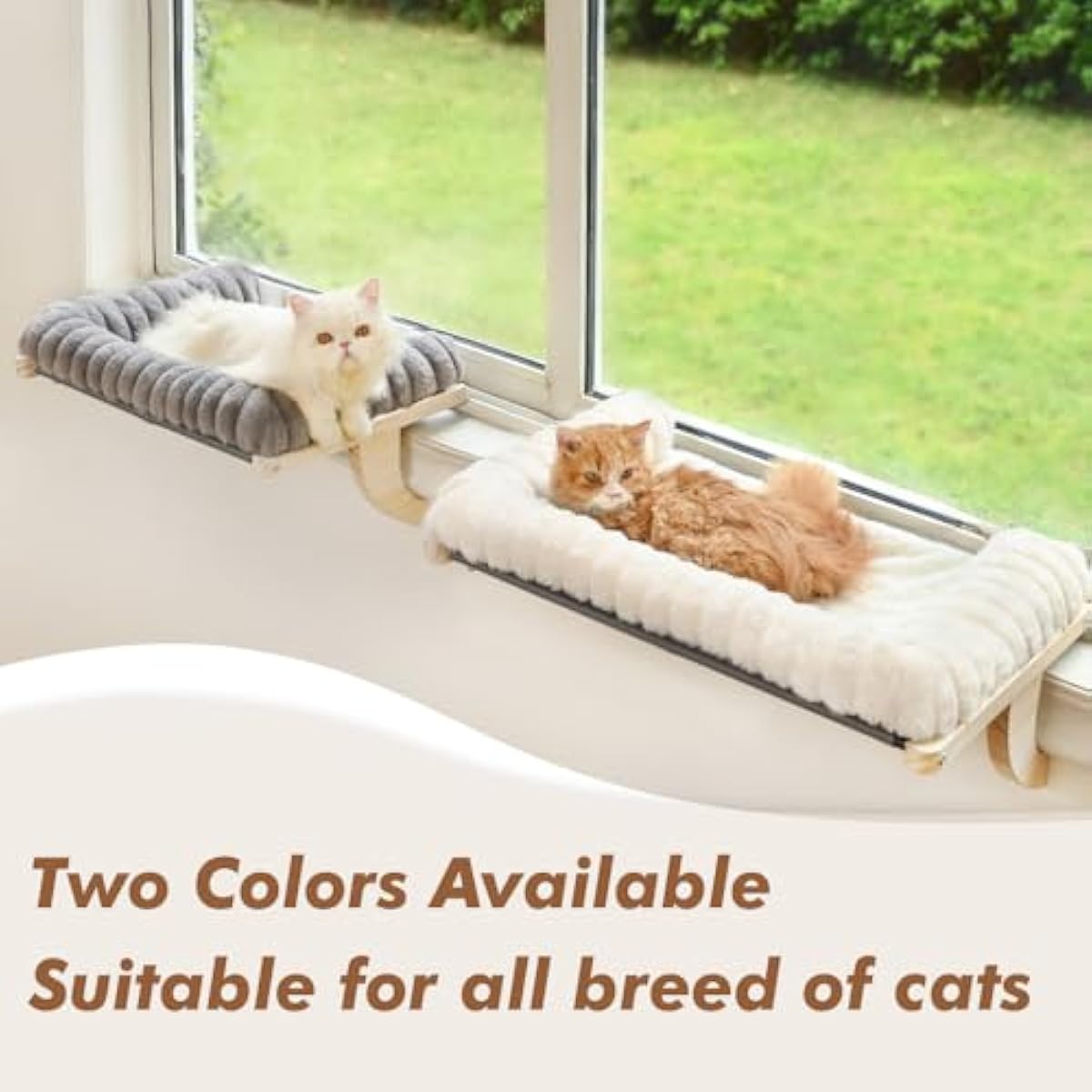 Cloud-Soft cat window perch with zipper cushion, solid wood & metal frame, large cat bed for windows (Large, White)