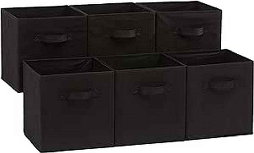 Amazon Basics Collapsible Fabric Storage Cubes Organizer with Handles, Sturdy, Beige, 10.5-x-10.5-x-11-inch, Pack of 6