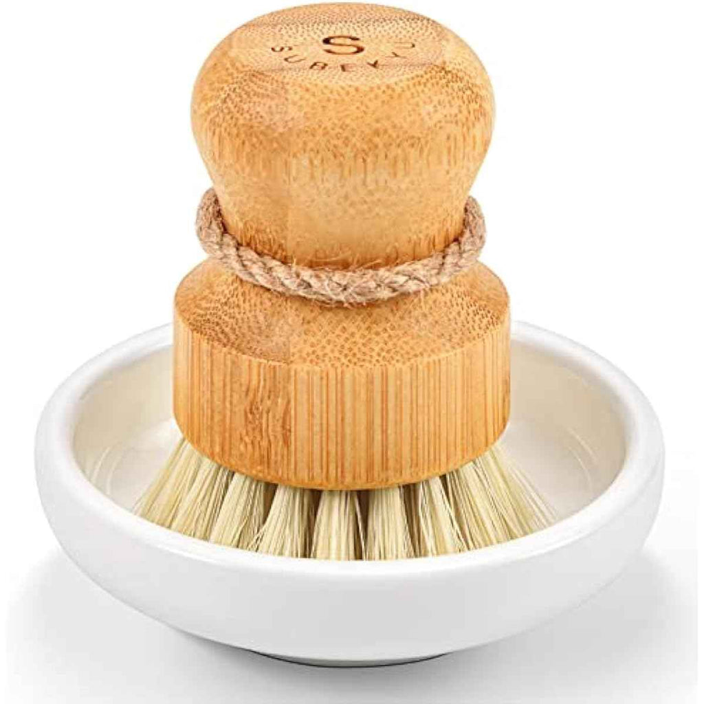 SUBEKYU Bamboo Dish Scrub Brush with Sisal Bristles for Natural Kitchen Cleaning