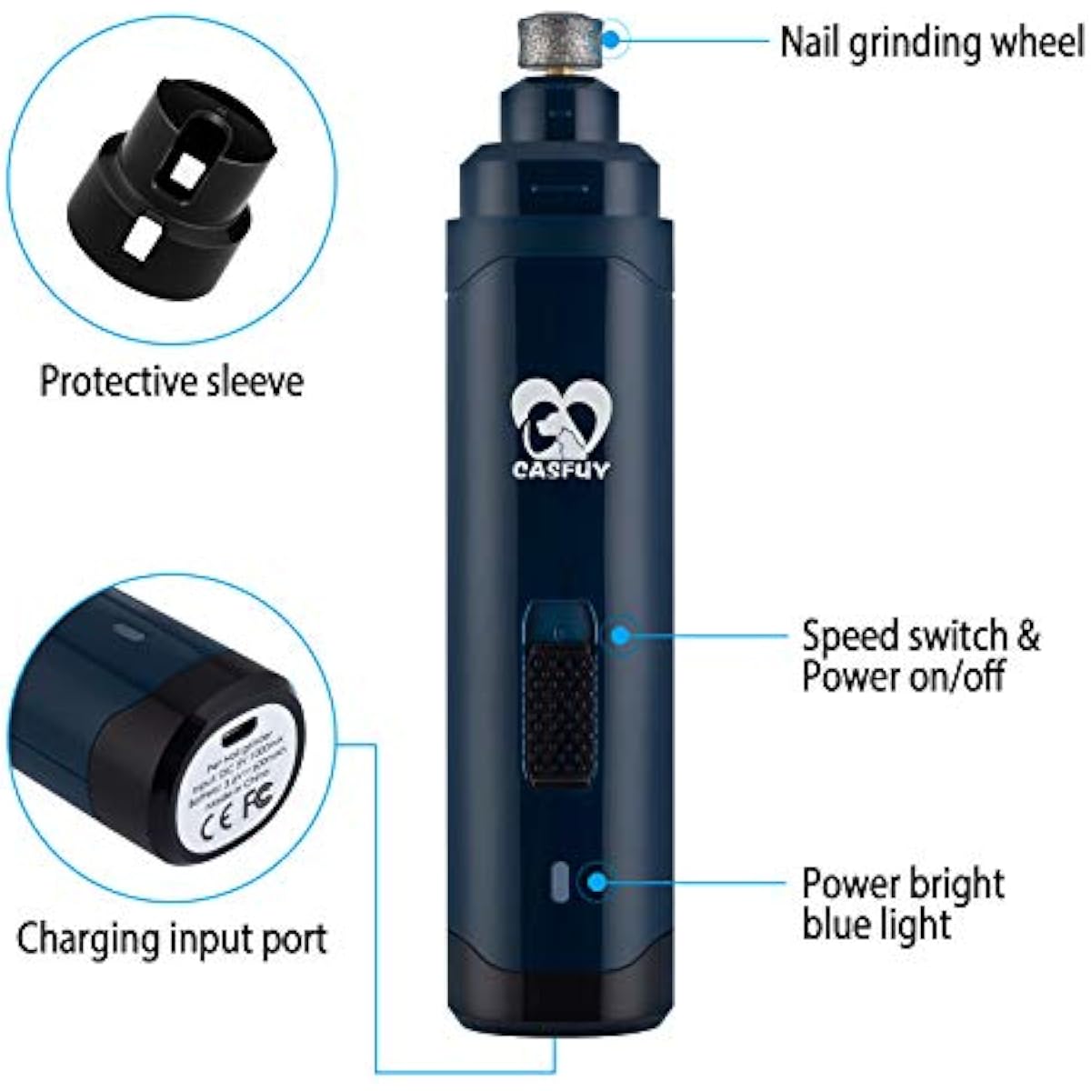 Casfuy Dog Nail Grinder Upgraded - Professional 2-Speed Electric Rechargeable Pet Nail Trimmer Painless Paws Grooming & Smoothing for Small Medium Large Dogs & Cats(Dark Blue)
