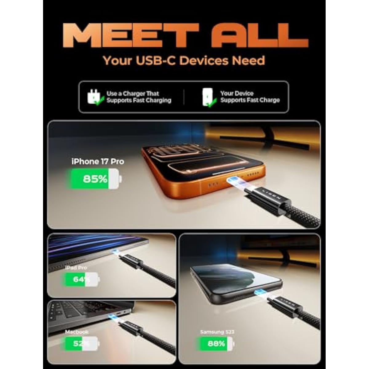Lisen 5-pack usb c to c cable, 60w fast charging, 10ft for iphone 17, ipad, galaxy s25/s24