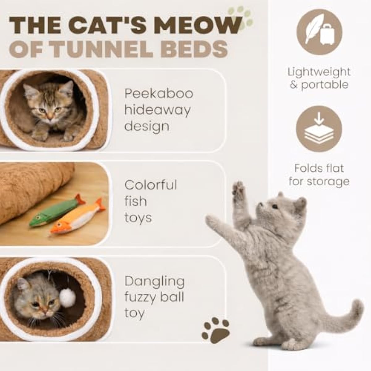 R1M Cat Donut Tunnel Bed Toy for Small and Larger Indoor Cats with Two Fish Toys, Brown