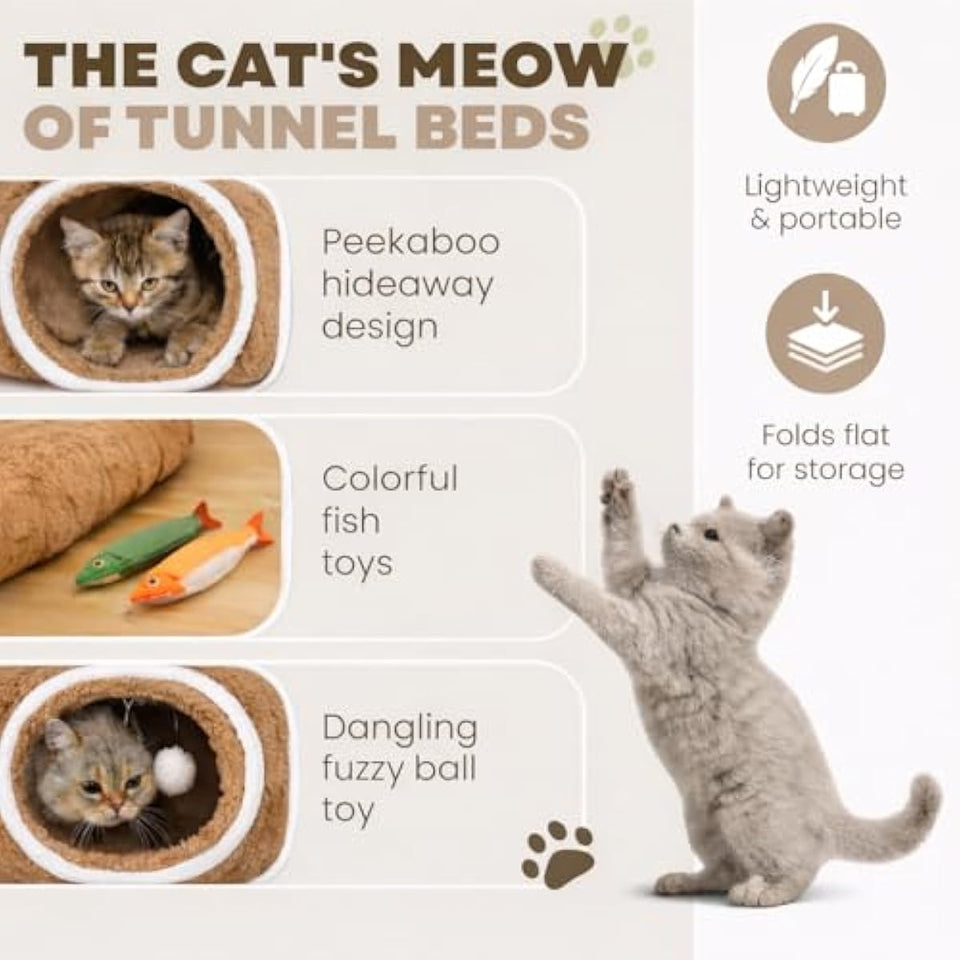R1M Cat Donut Tunnel Bed Toy for Small and Larger Indoor Cats with Two Fish Toys, Brown