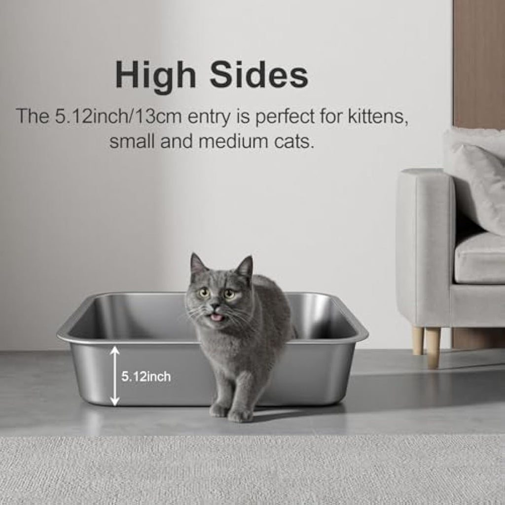 stainless steel metal cat litter box with high sides odor-free non-stick for indoor cats and kittens