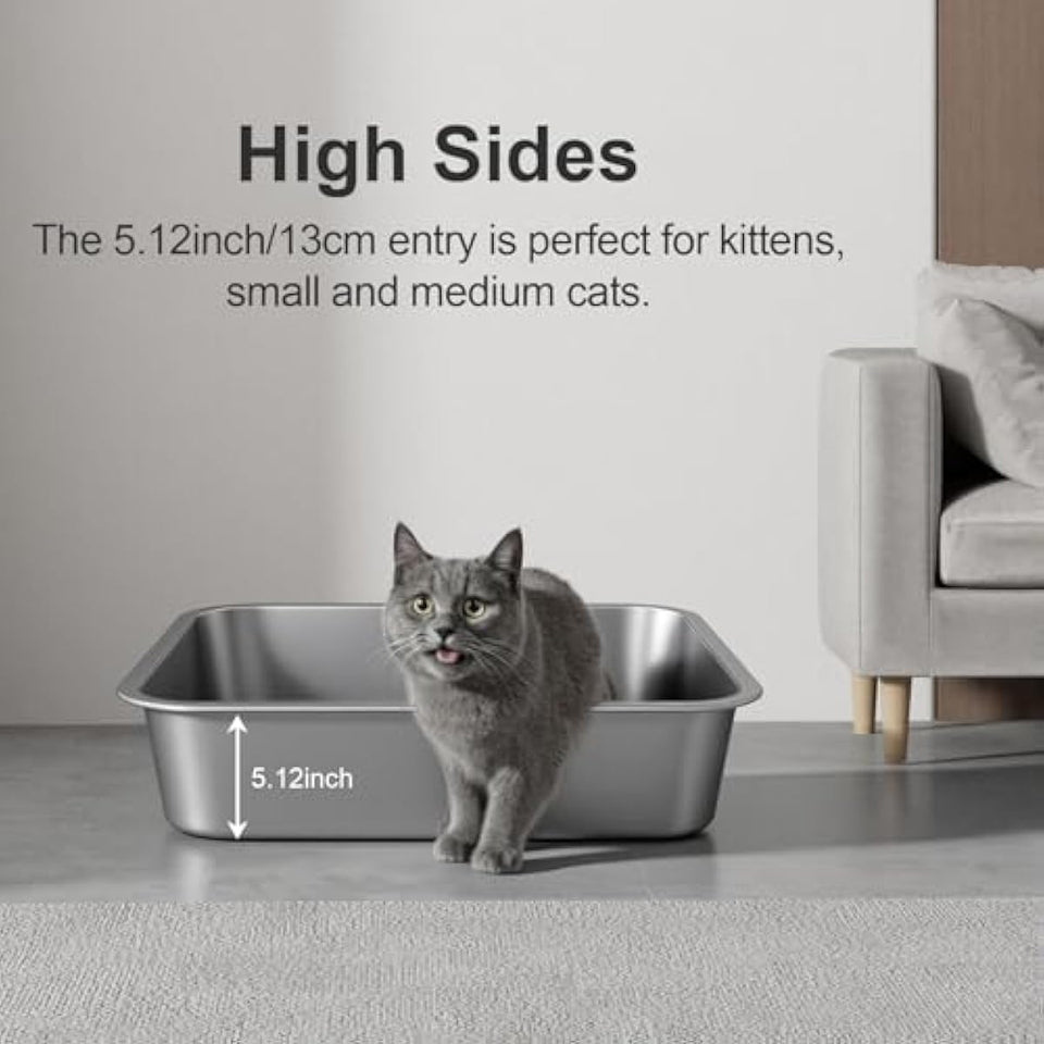 stainless steel metal cat litter box with high sides odor-free non-stick for indoor cats and kittens
