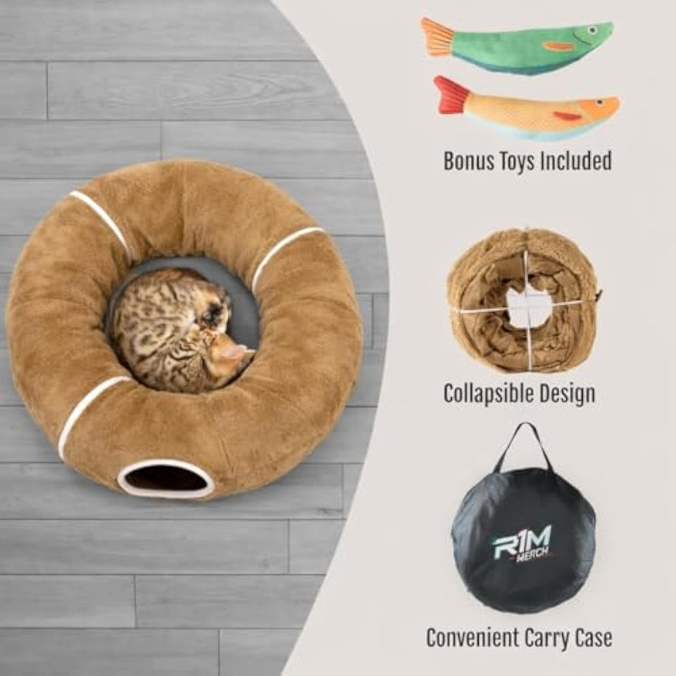 R1M Cat Donut Tunnel Bed Toy for Small and Larger Indoor Cats with Two Fish Toys, Brown