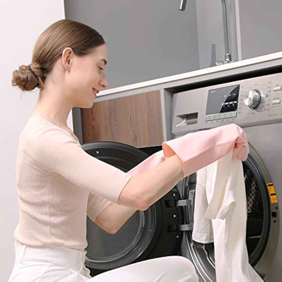 cooljob medium household rubber gloves with cotton liner non-slip grip and waterproof kitchen and bathroom cleaning gloves light pink 1 pair